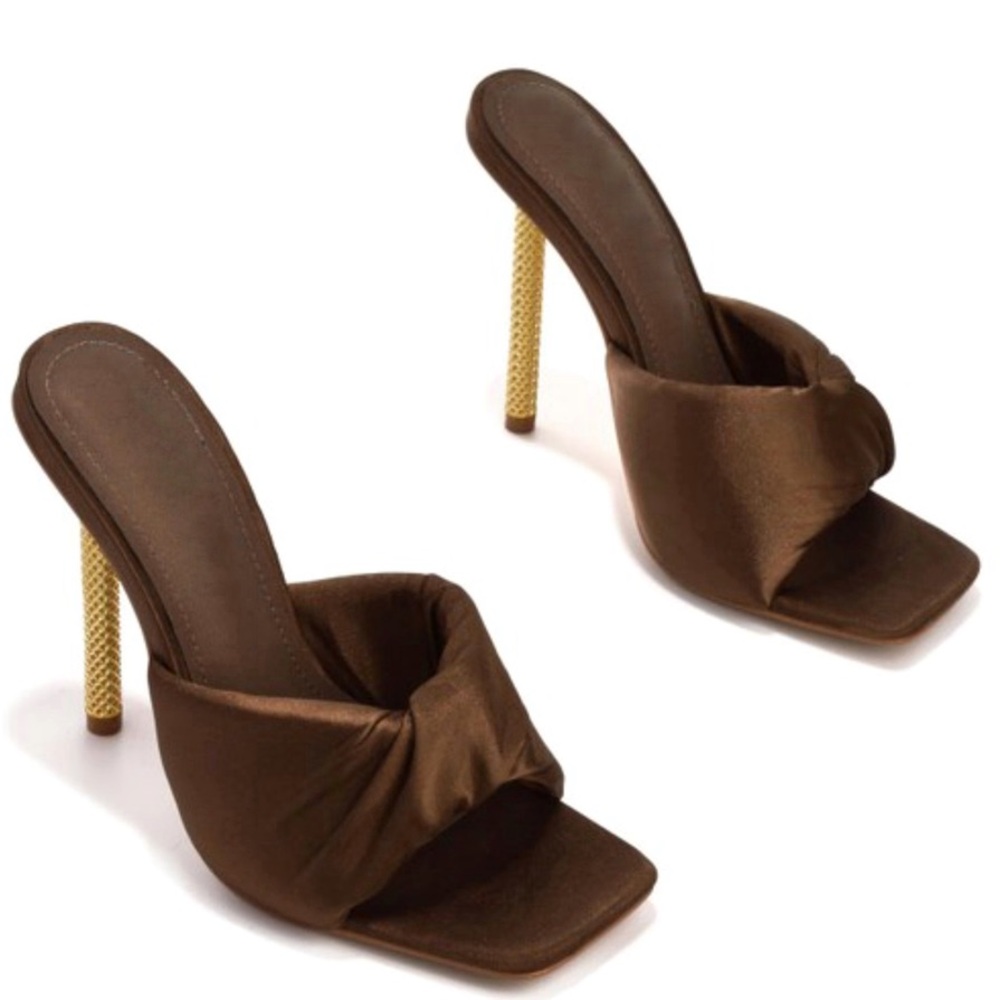 Elegant Brown Satin Twisted Front Heeled Mules With Gold Heel